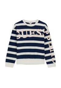 Marineblauw-witte gestreepte sweatshirt met "GUESS"-logo in licht perzik, ronde hals, lange mouwen en geribbelde zoom en manchetten.