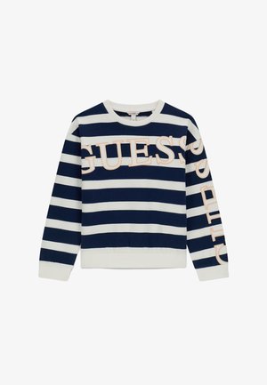 Felpa a righe blu navy e bianche con logo "GUESS" color pesca chiaro, girocollo, maniche lunghe e orlo e polsini a coste.