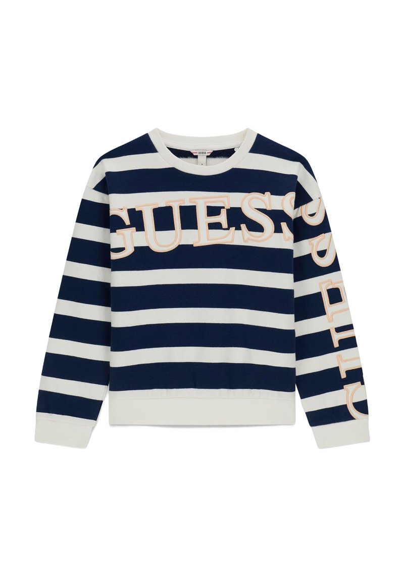 Marineblauw-witte gestreepte sweatshirt met "GUESS"-logo in licht perzik, ronde hals, lange mouwen en geribbelde zoom en manchetten.