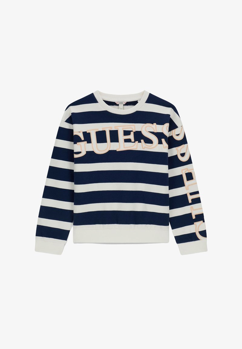 Marineblauw-witte gestreepte sweatshirt met "GUESS"-logo in licht perzik, ronde hals, lange mouwen en geribbelde zoom en manchetten.