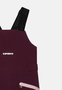 Burgunderfarget skikjeledress laget av myk stoff med justerbare svarte stropper, har en sidelomme og rosa glidelåsdetaljer.