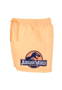 Bañador naranja con cintura elástica, cordón ajustable y un logo azul de Jurassic World que presenta un gráfico de dinosaurio.