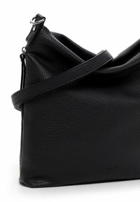 Black leather handbag with a textured surface, slouchy design, and a long strap. Features a zip closure and logo detail at the bottom.