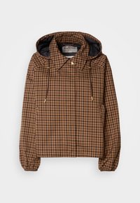 Braun karierte leichte Jacke mit Kapuze, elastischen Bündchen und Zugbanddetails, ausgestattet mit einem einfarbigen dunklen Innenfutter.