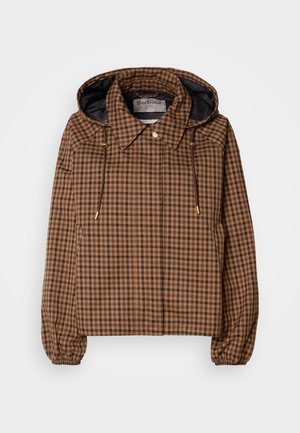 Brown checkered lightweight jacket with a hood, elastic cuffs, and drawstring detail, featuring a solid dark inner lining.