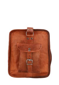 Brown leather bag with a rectangular shape, featuring a flap closure, silver hardware, and a buckle detail on the front.