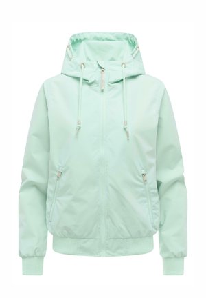 Veste à capuche vert menthe clair avec fermeture éclair frontale, capuche à cordon, poches latérales zippées et poignets et ourlet côtelés.