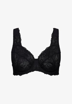 Černá krajková podprsenka s květinovými vzory, širokými ramínky, kosticovou podporou a vroubkovanými okraji na košíčcích a pásku.