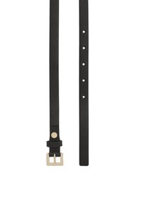 Mustast nahast rihm, millel on sile tekstuur, kuldne metallist pandlaga ja mitu auku reguleerimiseks. Lihtne ja stiilne disain.