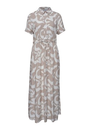 Beżowo-biała midi sukienka koszulowa w wzory, z krótkimi rękawami, zapięciem na guziki z przodu, kołnierzykiem i paskiem do wiązania w talii.