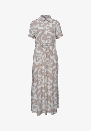 Beige-witte midi overhemdjurk met patroon, korte mouwen, knoopsluiting vooraan, kraag en tailleceintuur.