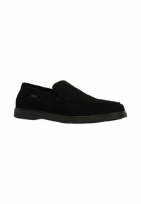 Chaussures noires en suede à enfiler avec un bout arrondi, texture lisse et design minimaliste. Dotées d'une semelle en caoutchouc plate pour un confort optimal.