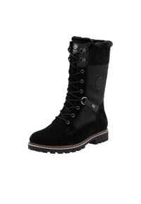 Bottes mi-mollet noires en daim et cuir, avec un col doublé de fourrure, un laçage à l'avant, et une semelle en caoutchouc texturée avec un motif antidérapant.