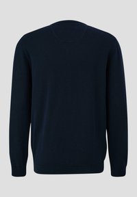Marineblaues Strickpullover mit langen Ärmeln und Rundhalsausschnitt. Besitzt eine glatte Textur, gerippte Bündchen und ein schlichtes Design ohne Akzente.