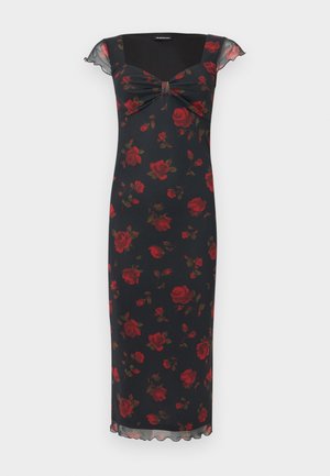 Robe midi noire à motif de roses rouges, corsage froncé à l'avant, décolleté en cœur et manches courtes transparentes évasées.