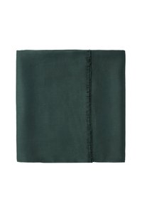 Dark green rectangular fabric with a soft texture and fringed edges, featuring a smooth surface and minimal sheen.