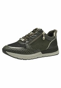 Sneaker con lacci e design in materiali misti di colore verde scuro, caratterizzato da un tessuto testurizzato, dettagli metallici e una cerniera laterale.