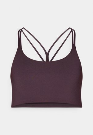 Tamno ljubičasti sportski grudnjak s dvostrukim križnim trakama i glatkom teksturom. Jednostavan dizajn, bez dodatnih detalja ili uzoraka.