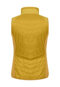 Geloftet gelbe Weste mit hohem Kragen und Zickzacksteppmuster. Glatte Textur mit kontrastierenden seitlichen Akzenten, ohne Ärmel gestaltet.