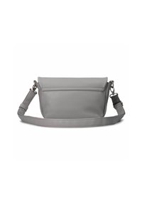 Borsa a tracolla in pelle grigia con forma rettangolare, chiusura a zip e tracolla regolabile. Texture liscia con dettagli hardware minimi.