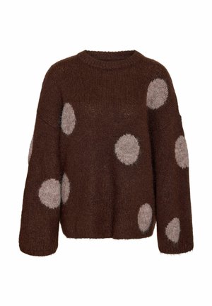 Pull en maille brun flou avec de grands pois gris clair dispersés sur les manches et le corps, présentant un col rond et des manches longues.