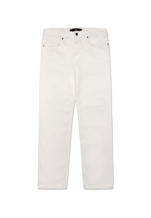 Baltas džinsa bikses ar taisnu piegriezumu, ar divām priekšējām kabatām, vienu aizmugurējo kabatu un melnu pogu un rāvējslēdzēja aizdari.