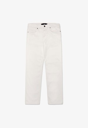 Biele rifle z denimu so strihom rovného strihu, s dvoma prednými vreckami, jedným zadným vreckom a čiernym gombíkom a zipsovým zapínaním.