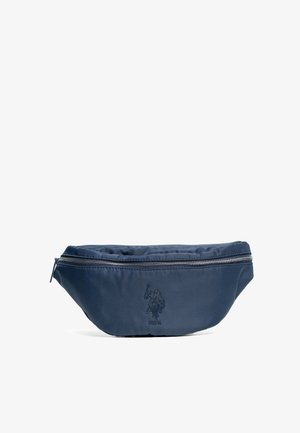 Mörkblå nylonpåse med texturerad yta, utrustad med en metallisk dragkedja och en präglad logotyp på framsidan. Kompakt, böjd form.