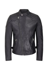 Svart lädermotorcykeljacka med upprätt krage, sned dragkedja, kviltade axelpartier och två sidofickor med dragkedja.