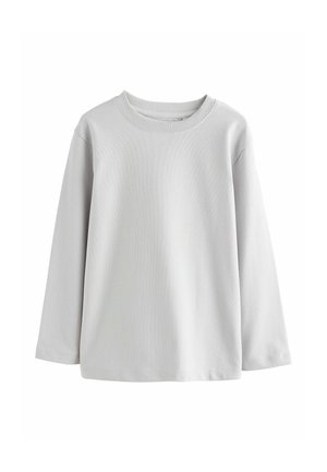 Enkelt lyst gråt langærmet t-shirt med rund hals, ribkant og enkel, løs pasform vist på hvid baggrund.