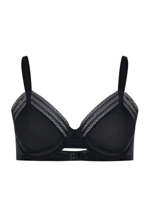 Černá podprsenka s kosticemi, síťovanými košíčky a ozdobnou krajkovou lemovkou podél horních okrajů a nastavitelnými ramínky.
