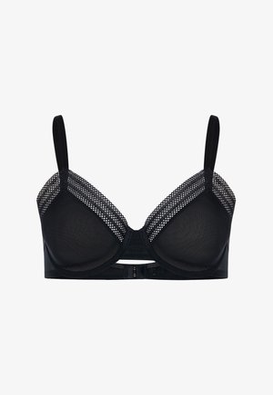 Černá podprsenka s kosticemi, síťovanými košíčky a ozdobnou krajkovou lemovkou podél horních okrajů a nastavitelnými ramínky.