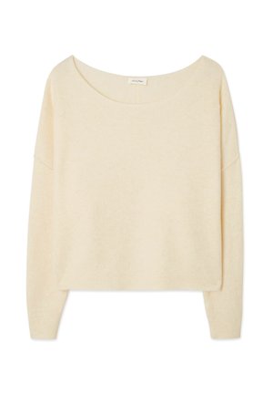 Dugotrajni džemper krem boje s širokim izrezom u obliku posude i rebrastim manšetama te rubom.