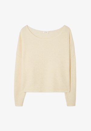 Dugotrajni džemper krem boje s širokim izrezom u obliku posude i rebrastim manšetama te rubom.