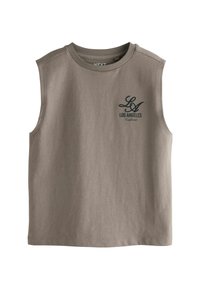 Sleeveless brown crewneck shirt with "LA Los Angeles California" printed in black on the upper left chest.