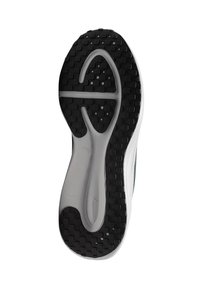 Suola in gomma nera con grip testurizzato, caratterizzata da una intersuola bianca e una forma liscia e curvata. Gli accenti includono un design del logo centrale.