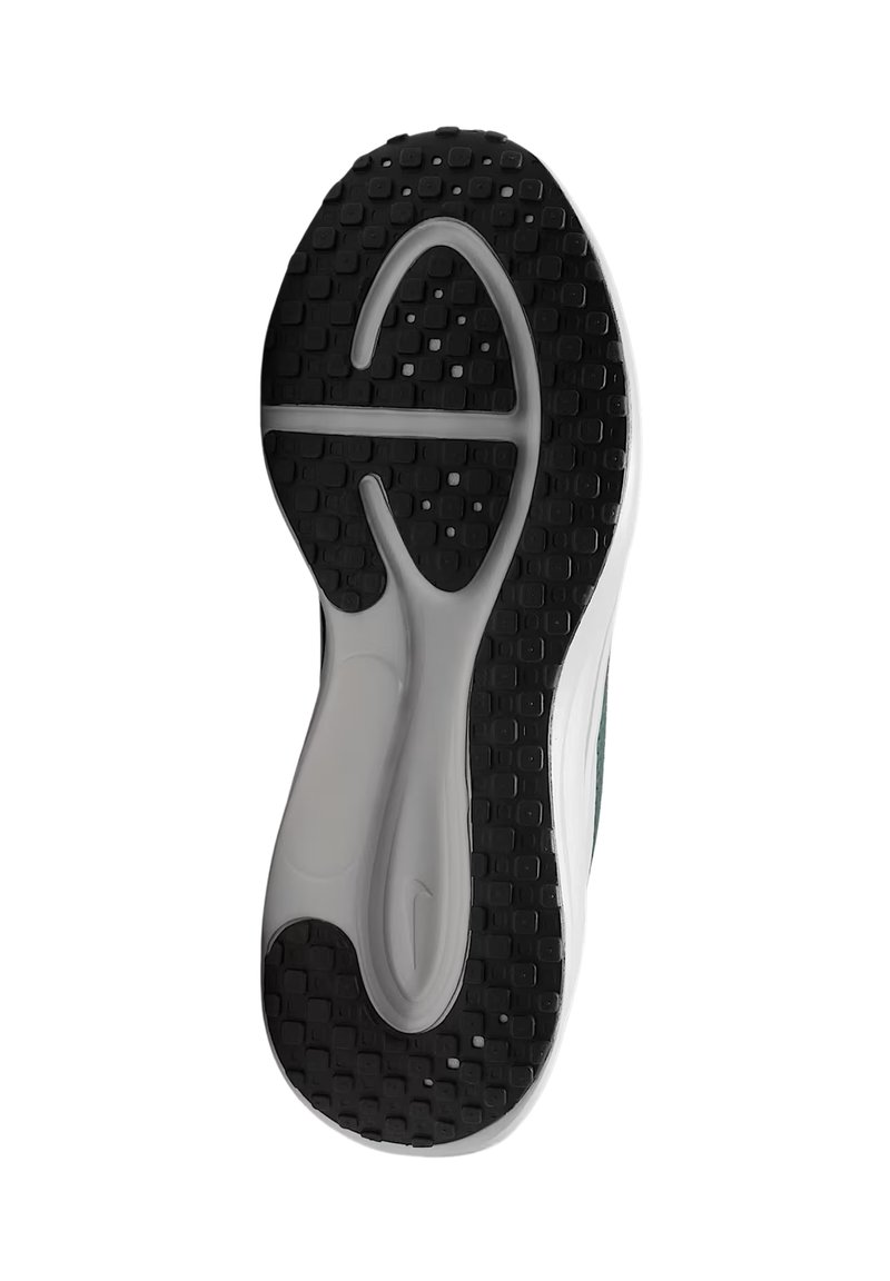 Semelle en caoutchouc noire avec une texture antidérapante, présentant une semelle intermédiaire blanche et une forme lisse et courbée. Les accents comprennent un design de logo central.