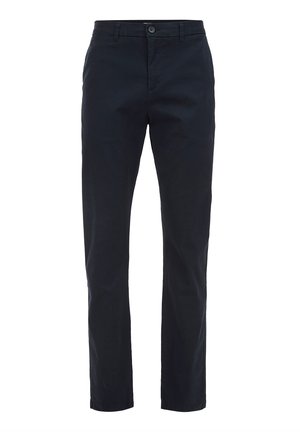 Pantalones de algodón en azul marino oscuro con un diseño de pierna recta, cierre con botón, presillas para cinturón y dos bolsillos laterales. Textura suave, sin patrones visibles.