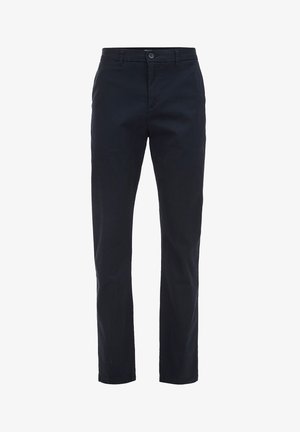 Pantaloni din bumbac de culoare bleumarin închis, cu un design drept, închidere cu nasture, curea și două buzunare laterale. Textură netedă, fără modele vizibile.