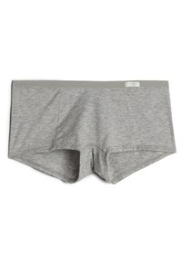 Boxers en coton gris avec une texture lisse, dotés d'une taille élastique douce et de poches avant doubles. Design classique avec une coupe droite.