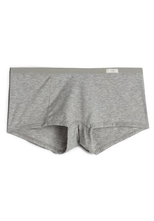 Gray cotton boxers with a smooth texture, featuring a soft elastic waistband and double front pockets. Classic design with a straight cut.
