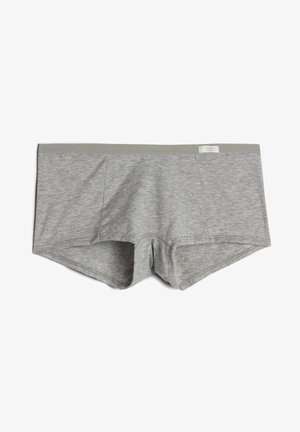 Gray cotton boxers with a smooth texture, featuring a soft elastic waistband and double front pockets. Classic design with a straight cut.