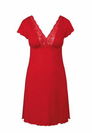Czerwona nocna sukienka z miękkiego materiału, z krótkimi rękawami, głębokim dekoltem w serek wykończonym koronką i zwiewnym dołem.