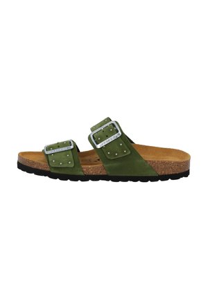 Sandali in suede verde con due cinturini regolabili, hardware argentato e soletta in sughero. Suola in gomma texturizzata nera per una buona aderenza.