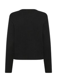 Svart stickad tröja med långa ärmar, rund halsringning och en kortad design. Texturen verkar jämn och enhetlig, utan ytterligare mönster.