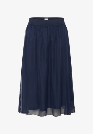 Mornarsko modra midijaka s elastičnim pasom in prozorno zunanjo plastjo nad neprosojno podlogo, z zgodovinskim in nabranim oblikovanjem tkanine.