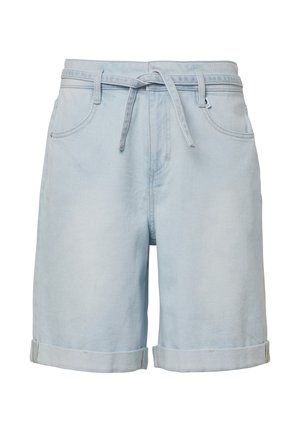 Light blue denim shorts with a tie waist, rolled cuffs, and front pockets. Features a smooth texture and classic cut.