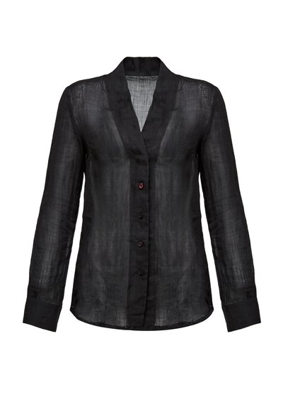 Camicia nera a maniche lunghe con bottoni, realizzata in un tessuto leggero e trasparente. Presenta un colletto, cinque bottoni sul davanti e una superficie texturizzata.