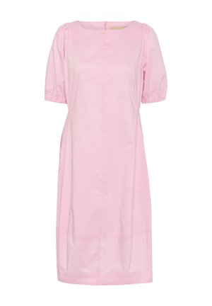Rosa bomullsklänning med fyrkantig halsringning, puffärmar och rak skärning. Dragkedja bak med minimala sömmar och utan mönster.