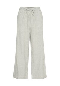 Weite, gestreifte Hosen aus einem hellgrauen Stoff mit dezenten blauen Linien. Mit elastischem Bund und einer Bindeschleife in der Taille.